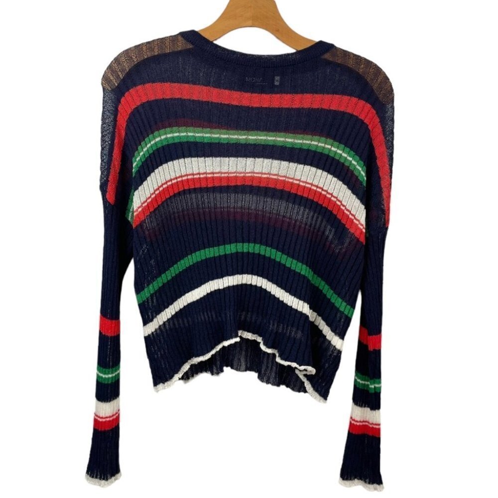 MONA Navy Ribbed Semi Sheer Multi Striped Navy Sweater Size S